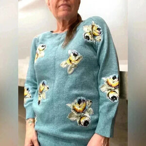 Vintage Snidel Japanese Streetwear blue oversized Floral Applique Sweater-M/L